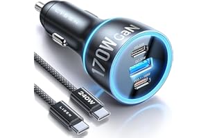 LISEN 170W Zigarettenanzünder USB C, für MacBook Pro KFZ Ladegerät USB C Autoladegerät, [PD 140W & 240W C-C Kabel] Fast Car Charger für iPhone 17 16 15 Pro Max Galaxy S24 S25 Android Switch 2