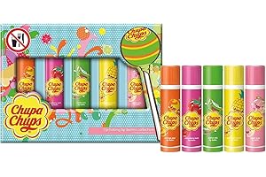 CORSAIR TOILETRIES Chupa Chups Lip Licking Lip Balm Collection, 5 Assorted Flavors: Orange Pop, Strawberry Swirl, Melon Mix, Pineapple Punch, and Peach Pulp - Fun, Flavored Lip Care Gift Set for Kids and Adults