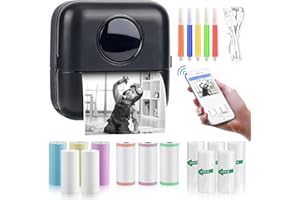 GuKKK Mini drukarka, mobilna drukarka fotograficzna, przenośna, bezprzewodowa drukarka termiczna, 13 rolek papieru do drukarki i 5 kredek, pomoc w nauce, notatek, notatek, listy