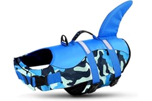 Queenmore Dog Life Jackets, Dog Swimming Vest with Rescue Handle, Adjustable Shark Life Vest for Swimming, kayaking, Boating, Reflective Lifejackets for Small Medium Large Dogs, (BlueCamo, L)