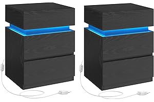 ‎VASAGLE VASAGLE Stolik nocny z oświetleniem LED, zestaw 2 sztuk, regulowane kolory, stolik kawowy z 3 szufladami, stolik nocny do sypialni, 35 x 40 x 55 cm, czarny z usłojeniem drewna LET0830B01