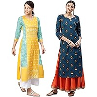 Vaamsi Women's Poly Crepe straight Kurta (VPK1583Par_ Yellow_ Large)