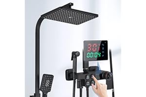 Hevenaov Sistema de ducha termostático negro,Columna ducha termostatica Pared Columna con Stents Pantalla de temperatura,grifo de bañera,rociador de lluvia,bidé,de mano