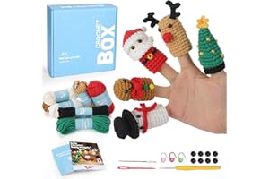 CROCHETBOX Christmas Crochet Kit for Beginners Adults - Christmas Finger Puppets Toys Crochet Kit, Crochet Kit for Starter, Include Easy Knitting Soft Yarn, Step-by-Step Video Tutorial, Christmas, Birthday Gift