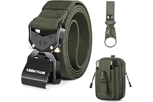 Leskyair Cinturón Táctico para Hombres 1.5 pulgadas, Cinturon Hombre Trabajo Estilo Militar Cinturón con Hebilla de Metal liberación rápido, Regalo con Bolsa Táctica Molle y Soporte para Botella