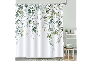 Bonhause Cortina de Ducha Hojas de Eucalipto Planta Verde Cortina de Baño de Poliéster Impermeable Antimoho Lavable Cortina Ducha 180 x 180 cm con 12 Ganchos