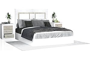 duehome | Pack Cabecero y 2 Mesitas de Noche, Dormitorio Doble, Dormitorio Completo, Modelo Kira, Acabado en Andersen Pino y Gris