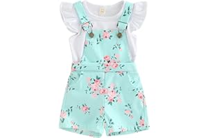 ZZLBUF Toddler Baby Girl Overalls Romper Outfit Kids Ruffle Sleeve Tops T-Shirt + Floral Suspender Pocket Shorts Clothes Set