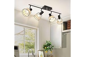 DEPULEY Modern 4 Way Ceiling Light Fitting,Rotatable Spotlights with Black Spotlight Bar,Iron and Rattan Lampshade,Kitchen Lights Ceiling for Living Room,Bedroom,Study,Showroom,E14 Base(Bulbs Not Included)