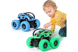 GUIGUZHJ Monstertruck Spielzeugauto, 2 Stück Monster Truck Aufziehauto Kinder Spielzeug, Reibung Zurückziehen, 360° Drehung Trägheit Fahrzeug, Auto Spielzeug für Baby Kinder ab 3 Jahre (Grün & Blau)