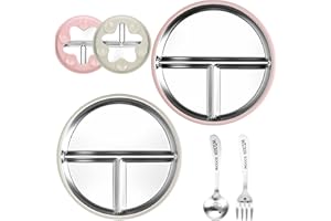 Huiguli 2 Piezas Plato de Acero Inoxidable 304 Infantil, 23 cm Platos Divididos Con Ventosa, Plato Bebe Con Cuchara y Tenedor, Juego de Vajilla Para Niños, Sin BPA