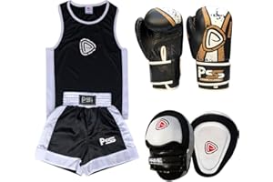 Prime Leather Junior Kids Black Crunch set of 3 Pcs Student Uniform + Focus Pads 1104 + Gloves (Real Leather) 1017 Size 4-OZ (Set-22)