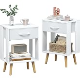 OYRREU Bedside Tables Pack 2 Blanche with Drawer and Shelf | 40 x 30 x 60 cm | Drawer + Open Shelf | Metal + Wood Legs | 45 k