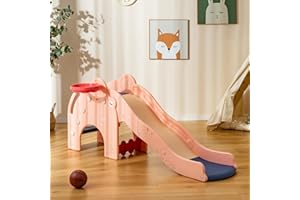 RELAX4LIFE 4 in 1 Scivolo per Bambini, Centro Attività con Scaletta da Arrampicata e Cestino da Basket, Uso Interno o Esterno, Parco Giochi Multifunzionale per Bambini 1-4 Anni (MODELLO 3-ROSA)