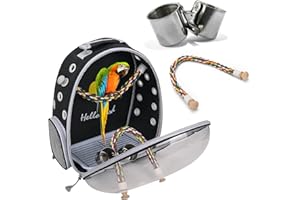 PETCUTE Bolsa de Transporte para Pájaros, Transparente, Transpirable, Mochila para Pájaros con Percha y Bandeja, Espaciosa, Ideal para Viajes en Tren, Automóvil, Restaurante o Avión (Negro)