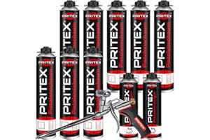 PRITEX – Bauschaum Set aus 8 x 750 ml Pistolenschaum inkl. 2 x Pistolenreiniger 500 ml und Schaumpistole – Montageschaum zum Verfüllen, Dämmen & Abdichten – PU-Schaum mit hervorragender Wärmedämmung