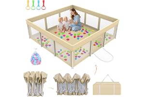LIODUX Collapsible Baby Playpen, Folding Play Pen for Babies, Quick Setup Baby Fence, Foldable Children's Fence Play Area, Babies Playpen with Storage Bag & 30 Ocean Balls (Khaki, 180x180CM)