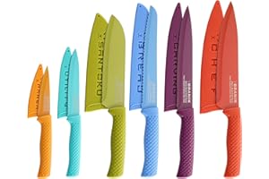 BRANIK 6 Pc Multicoloured Kitchen Knife Set with Protective Sheaths - Premium German Steel Blades with Special Non-Stick Coating - Dishwasher Safe