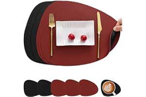 Myir JUN Manteles Individuales y Posavasos de Cuero, Salvamanteles Individuales y Posavasos Lavables de PVC Manteles Individuales y Posavasos (Rojo Negro, Juego de 6)