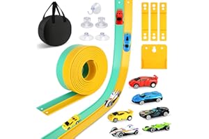 BITOYO Piste de Course Voiture, Flexible Circuit de Voiture Double Voie de 5M avec 6 Voiture à Friction Ventouses Rampe Sac de Rangement Cadeau Portable Piste de Course pour Garçons Filles