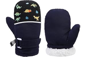 QKURT Kids Winter Warm Gloves, Toddler Snow Mittens Children Colourblocked Dinosaur Gloves Fleece Lining Gloves Windproof Thermal Gloves Outdoor Play Gloves