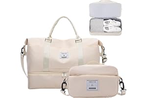 JXCTNNU Bolsas de Viaje Bolsas de Deporte Bolsa de Gimnasio Impermeable Bolsa de Mano Equipaje Fin de Semana Bolsa de Mano con Bolsa Húmeda y Zapatero para Hombre Mujer (Beige)
