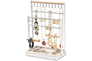 AHYDFSR Schmuckständer, Schmuckhalter, Schmuckbaum-Kettenhalter mit Aufbewahrungsbasis, Schmuck Ketten Organizer Ständer mit 15 Haken, für Halsketten Armbänder Ohrringe Ohrstecker Ringe, Geschenkidee, weiß