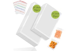 VACHELPER 100 Bolsas Vacio Alimentos 15x25cm(50) y 20x30cm(50), Bolsas Envasar al Vacio Alimentos Bolsas Envasado al Vacio para Todo Tipo de Envasadora Doméstica, Conservación Alimentos y Sous Vide Cocina
