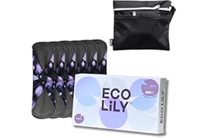 Eco Lily® Reusable Sanitary Pads - Sanitary Towels - Period Pads (6Pk for Medium Flow) – Leakproof Odour-Absorbing Charcoal Bamboo Pads with Waterproof Wet Bag