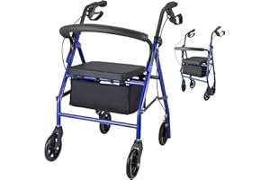 HELANGEL Rollator Walker with Seat, Brakes, Bag, Foldable Walking Aid, Adjustable Height, Lightweight Rollator for Disabled, Portable Walker for Elderly，150KG Capacity