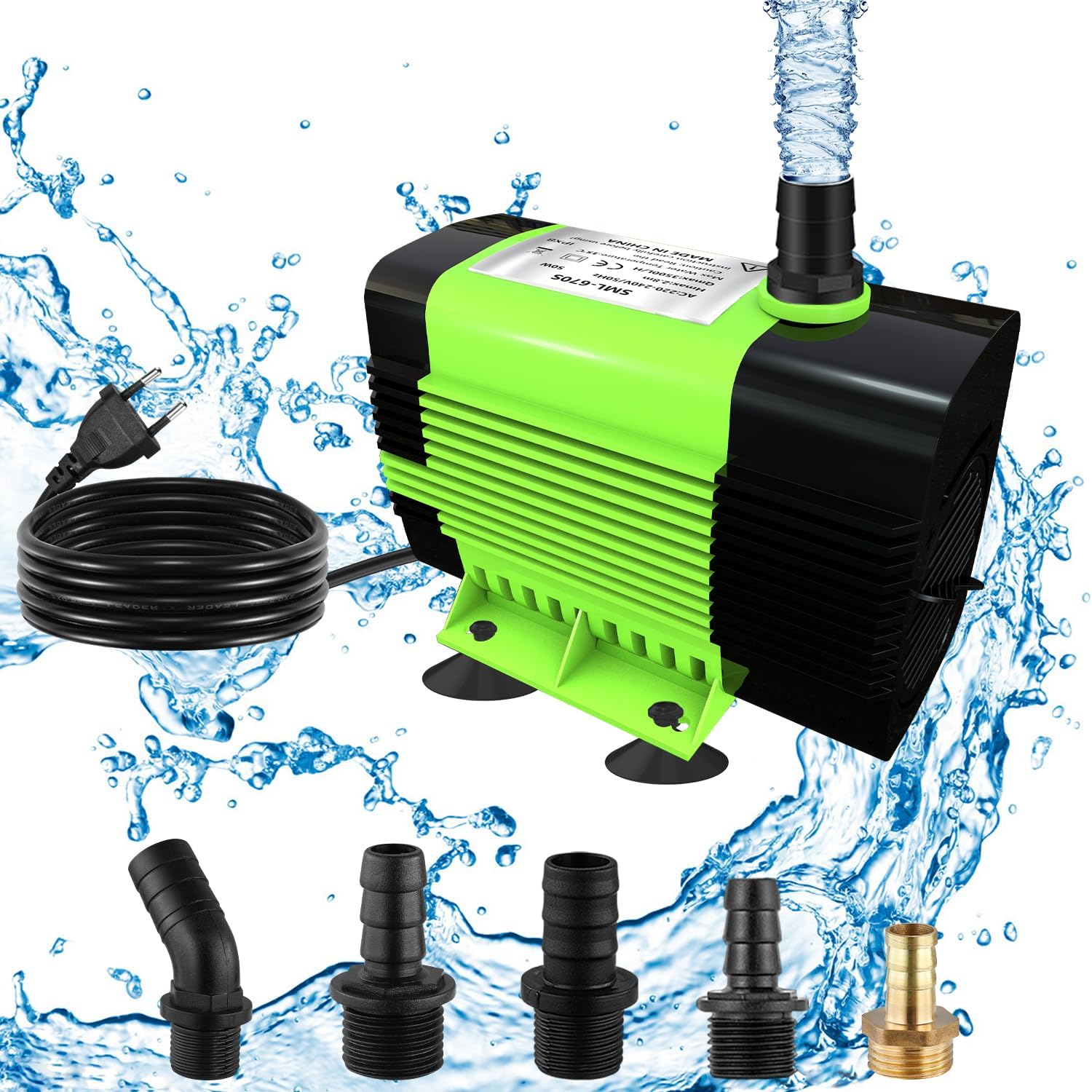 Lnicez Bomba de Agua Sumergible - Potente Bomba Pequeña (50W 3500L/H) Bomba de Agua Acuario con 2.8 m de Altura de Elevación, 5 Boquillas para Fuentes de Pared,Tubble,Acuario Cable-1.8 M (Talla)
