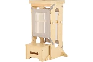 Bateso Torre de Aprendizaje con 2 Red Protectora, 3 Altura Ajustable Torre Montessori de Madera para Niños y Bebés 1-3 Años, Toddler Tower Estable para Mostrador de Cocina, Fregadero de Baño