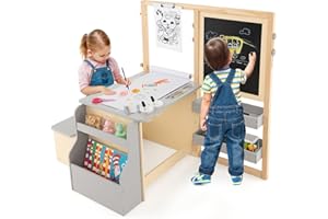 COSTWAY Set 3 in 1 Tavolo e Sedie per Bambini 3+ Anni, Tavolo in Legno Sicuro con Lavagna Cancellabile, Magnetica, Cavalletto Regolabile, Libreria e Accessori Artistici, per Disegno (Grigio)