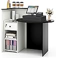 CASART Reception Desk, Cashier Counter Desk with Adjustable Shelf & Lockable Drawer, Modern Retail Counter Workstation for Salon Clothing Store Restaurant (Black+White)