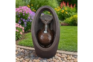 GEEZY Garden Water Feature – Oval Fountain with LED Lights – Mains Powered, Self-Contained, Indoor & Outdoor – Easy Setup, Relaxing & Cascading – Great for Garden, Home, Patio & Balcony Decor