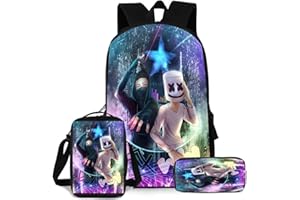 TEMOLIE Sac à dos d'école 3 pièces pour enfants Trousse à crayons Sac à bandoulière pour jeunes DJ Musique Sac tendance Sac pratique pour livres Convient pour les adolescents et les étudiants