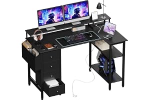 Yaheetech Computer Table Reversible L-Shaped Gaming Desk with Monitor Holder and 4 Drawers and 2 Shelves and 1 Storage Bag an