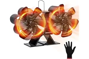 Wzone Ofenventilator Kaminventilator mit 12 Blättern(6+6), Kamin Ventilator Samtschwarz Leiser Kamin Ventilator für Holz/Brennholz/Feuerstelle/Ofenrohr mit Isolierhandschuhe