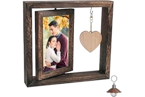 BQWEUN Drewniana ramka na zdjęcia, obracana, na 2 zdjęcia, 15 x 10 cm, z drewnianym sercem i światłem, do biura i domu