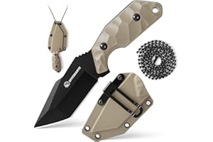 SPITZKANTE Cuchillo para cuello X-TAN-K, hoja tanto de 7,8 cm en acero 5Cr14MoV, cuchillo EDC fijo al aire libre, con fuerza ABS, cadena a esferas.