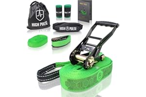 High Pulse® Slackline kit|15m -Set completo di cricchetto e protezione, corda ausiliaria, corda ausialiaria bilanciamento, protezione albero e borsa (cinghia 12,5 m+cinghia cricchetto 2,5 m)