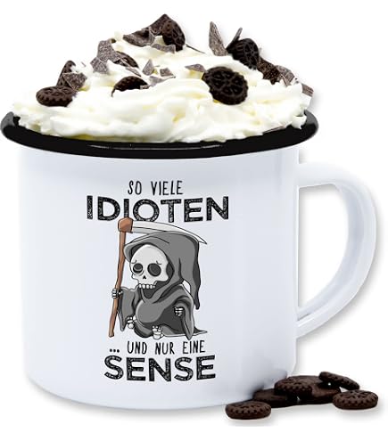 Moonworks Emaille Tasse Mit Spruch 'Je Größer Der Dachschaden, Desto Besser Der Blick Auf Die Sterne' – 300 Ml, Weiß-schwarz