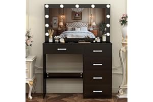 Caulitar Dressing Table with LED Lights, Adjustable Brightness, 3 Color Temperatures, Vanity Table with Mirror for Bedroom, Makeup Desk with 5 Drawers, Black, 131 x 80 x 36cm