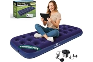 Green Haven Single Air Bed with Electric Pump – Quick Inflate Blow Up Mattress with Waterproof Flocked Top – Single Inflatable Bed for Camping, Guests & Sleepovers – Air Mattress with AC Pump