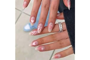 GlamRays 24 Stück Pink Liebe Herz Schleife Press on Nails Lang Almond False Nails Spiegel Glitzern Rhinesteine Acryl Klebe Nails Wiederverwendbar Stick on Nails für Frauen DIY