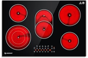 AMZCHEF Glaskeramikkochfeld 5 Zonen, Einbau Keramikkochfeld 77CM mit Ovale Zone und Dreierzone, 9 Leistungsstufen, Zeitschaltuhr, Sicherheitsschloss, Überhitzungsschutz, 8500W