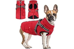 Woiil Hundemantel Hundejacke Wintermantel für Kleine Hunde, Hundemantel Winter mit Geschirr, Hunde Wintermantel Kostüm Ärmellose Baumwolle Gepolsterte Weste Wasserdicht Warme Reflektierend, Rot S
