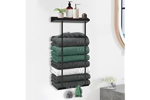 KENSBRO Towel Rack Wall Mounted, 38-75cm Adjustable Bathroom Towel Storage with Shelf and 3 Hooks, Without Drilling Carbon Steel Towel Rail Self-adhesive