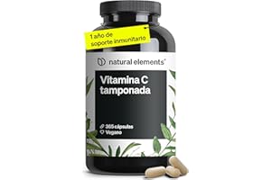 NATURAL ELEMENTS Vitamina C tamponada - 365 cápsulas para 1 año - Suave para el estómago y pH neutro - Apoya al sistema inmunitario, nervioso y al metabolismo energético - Sin ácidos - Probado en laboratorio