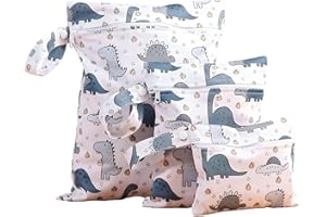 LEBKFT 3 Pcs Nappy Bags, Waterproof Wet Dry Bags with Zipper Reusable Organiser Pouch for Baby Swimwear Travel Beach Camping Nappy Storage Bag and Swimming Costume Wet Bag (Dinosaurs)